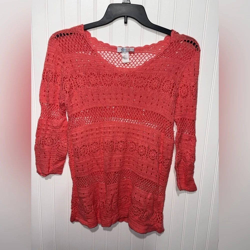 Denim & Co. Coral Crochet Knit Top| Size Medium